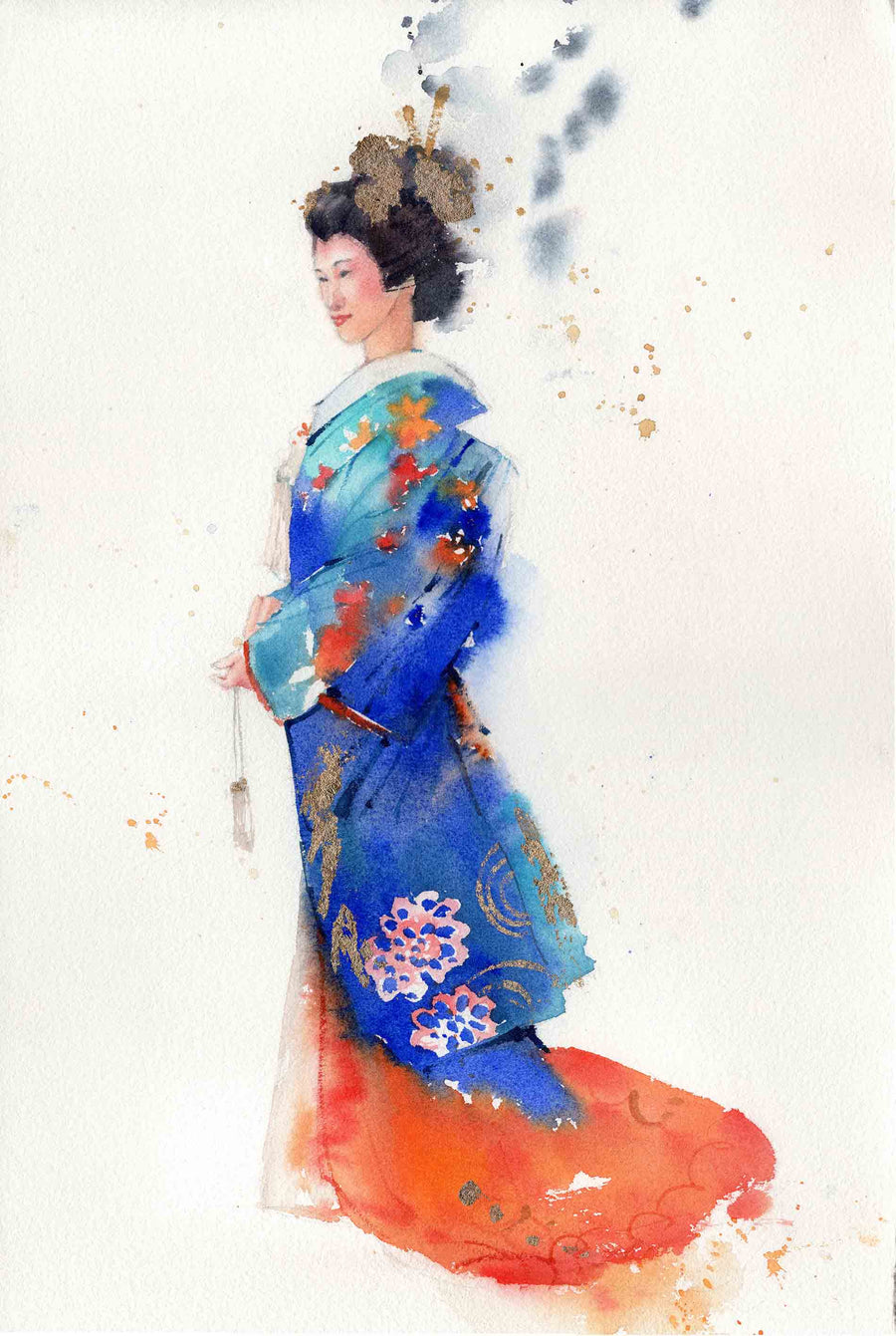 Blue and Orange Geisha with Golden Applique